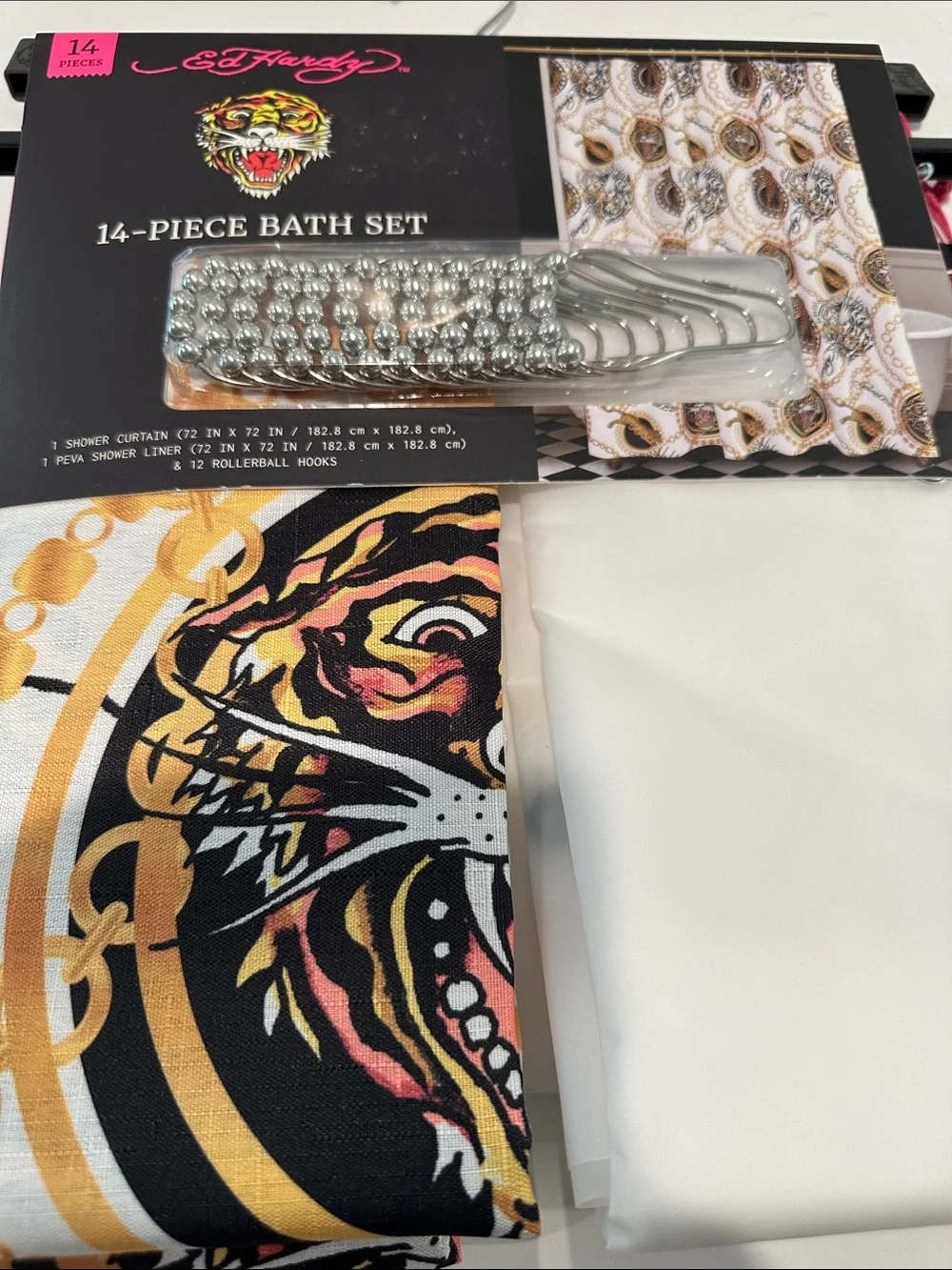 NWT Ed Hardy Tiger (14) Piece Shower Curtain Set with Fabric/Plastic.